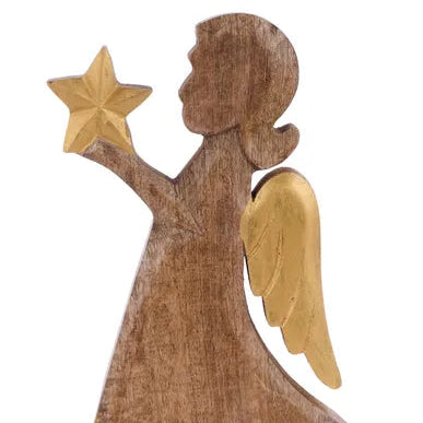 12.25"H X 7.25"L MANGO WOOD ANGEL W/STAR - NATURAL/GOLD - XN0546
