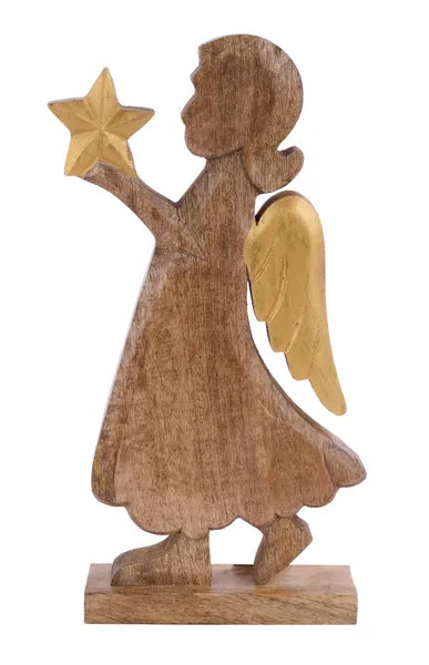 12.25"H X 7.25"L MANGO WOOD ANGEL W/STAR - NATURAL/GOLD - XN0546