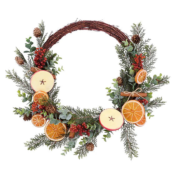 24"DIA APPLE/ORANGE MINI PINECONE WREATH - GREEN/ORANGE/RED/CREAM/BROWN - EF5196
