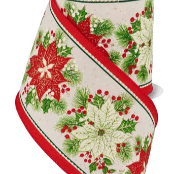 4"X10YD POINSETTIA/HOLLY/BERRY - IVORY/MULTI - RGF119530