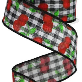 1.5"X10YD CHERRIES ON GINGHAM CHECK - BLACK/WHITE/RED/GREEN - RGA164602