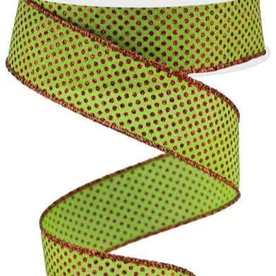 1.5"X10YD GLITTER MICRO DOT ON ROYAL - LIME GREEN/RED - RGA1731WY