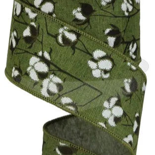 2.5"X10YD COTTON PODS ON ROYAL - MOSS GREEN/BROWN/WHITE - RG0180952