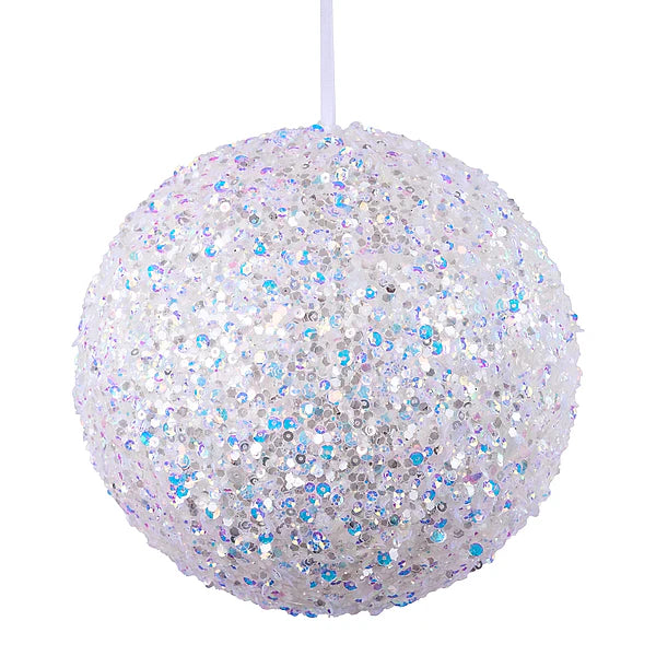 6"DIA GLITTER/SEQUIN/MINI PEARL BALL ORNAMENT - IRIDESCENT WHITE - XJ7744