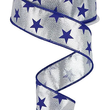 1.5"x10YD STARS ON METALLIC - SILVER/NAVY BLUE - RGA1121T1