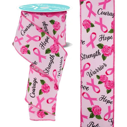 2.5"x10YD BREAST CANCER RIBBON/FLOWERS - LIGHT PINK/BLACK/GREEN/PINK - RGH135215