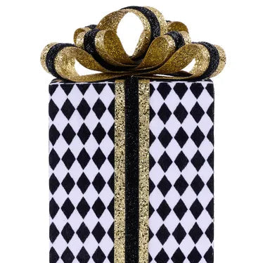 10"HX4.75"SQ HARLEQUIN/GLITTER GIFT - BLACK/WHITE/GOLD - XC8377FW