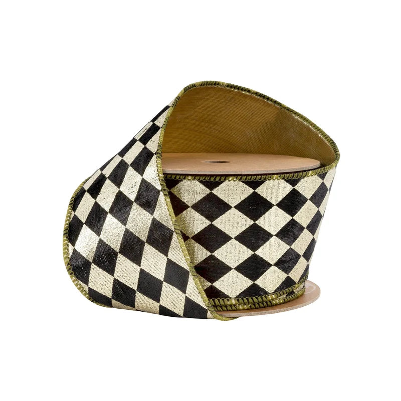 2.5"X10YD WIRED RIBBON - BLACK & GOLD HARLEQUIN W/ GOLD BACKING - 6015W-675-63E