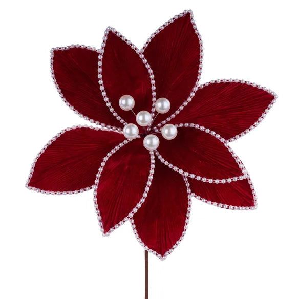 22"L X 12"DIA PEARL BEAD POINSETTIA PICK - RED - XS420024