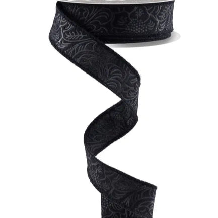 1"X10YD FLORAL/LEAVES - BLACK - NR100002