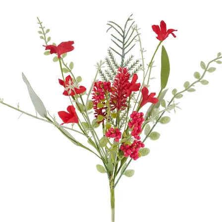 12"L FABRIC FLOWER/EVA LEAF/BEADS BUSH - RED - FH812524