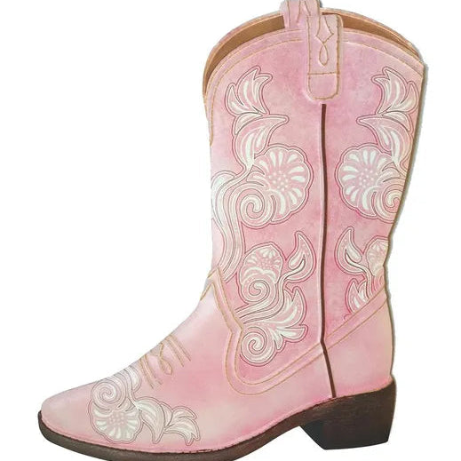 12.5"H EMBOSSED FLORAL COWBOY BOOT - PINK/WHITE/TAN - MD0828