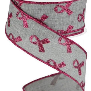 1.5"X10YD GLITTER BREAST CANCER - LIGHT GREY/HOT PINK - RGC109410