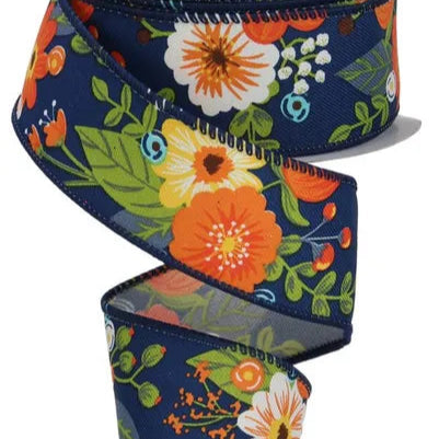 1.5"X10YD GRAPHIC FLORALS - NAVY/RUST/ORANGE/MUSTARD/GREEN - RGE113219