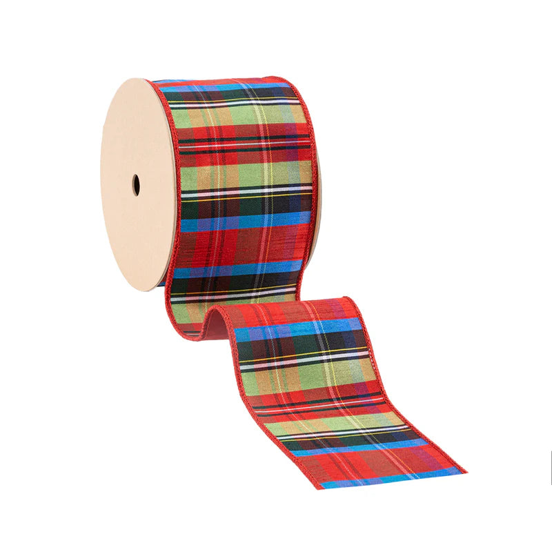 4"X10YD WIRED RIBBON - BLACK/LIME/RED/ROYAL PLAID W RED DUPIONI-FUSED BACKING - LA RIBBON - 6914W-037-100E