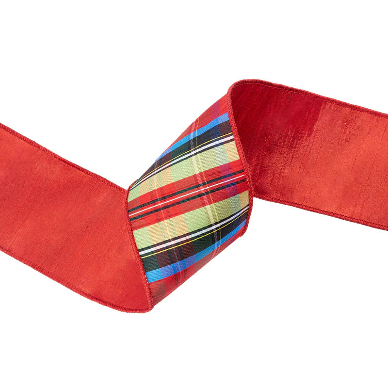 4"X10YD WIRED RIBBON - BLACK/LIME/RED/ROYAL PLAID W RED DUPIONI-FUSED BACKING - LA RIBBON - 6914W-037-100E