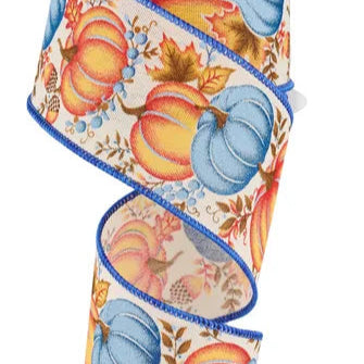 2.5"X10YD PUMPKIN/GOURD/LEAVES - CREAM/ORANGE/BLUE/BROWN - RGE19878K