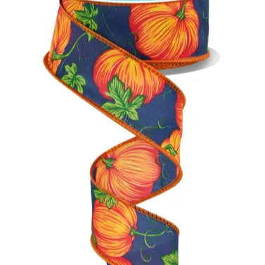 1.5"X10YD PUMPKINS W/VINES - DARK BLUE/ORANGE/YELLOW/GREEN - RGF1369