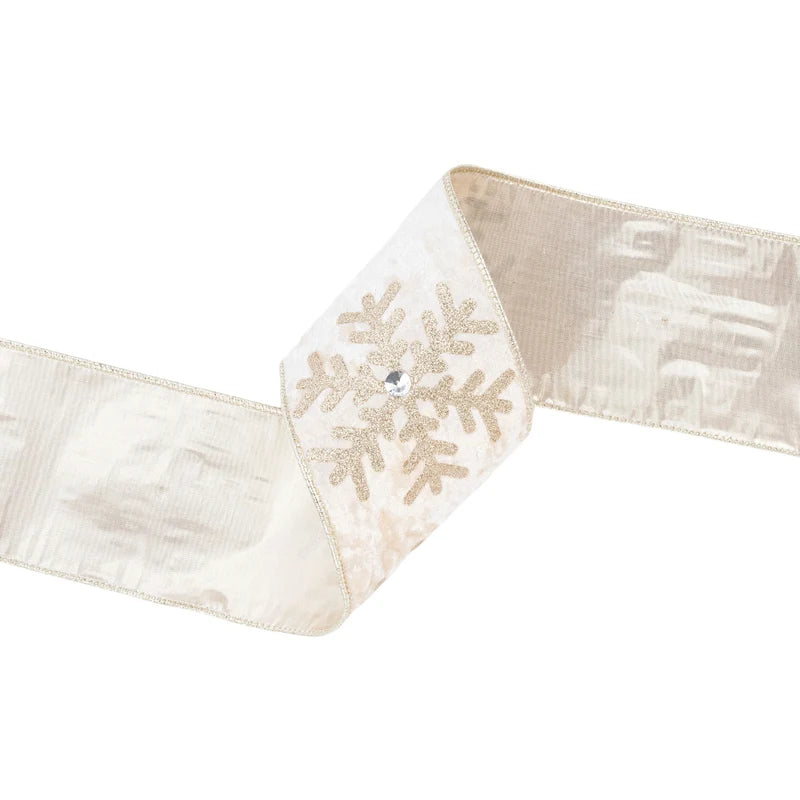 4"x10YD WIRED VELVET - GLITTER SNOWFLAKE WITH JEWEL ON CHAMPAGNE - 7017W-811-100E