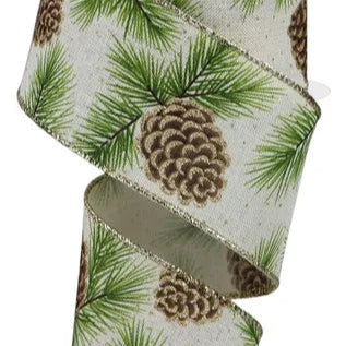 2.5"X10YD PINECONE/PINE NEEDLES/ROYAL - CREAM/BROWN/GREEN/GOLD - RGE1501C2