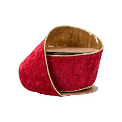 2 1/2"X10YD WIRED VELVET RIBBON - RED GEOMETRIC EMBOSSED W/ GOLD BACKING - LARIBBON - 7114W-250-63E