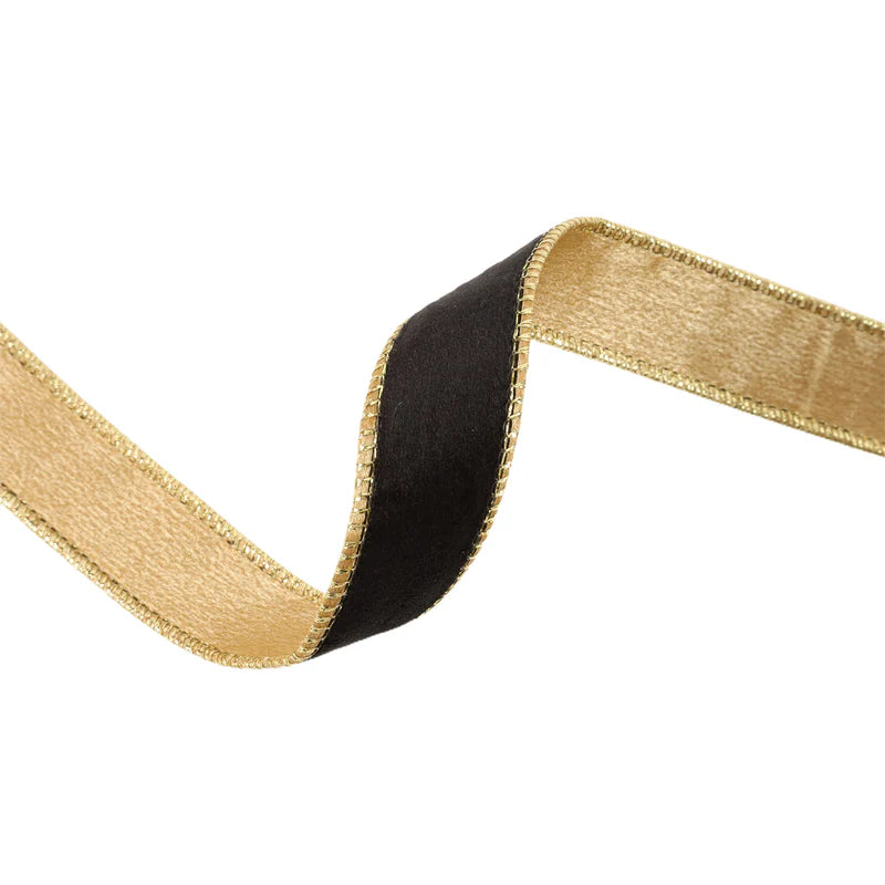 1"X10YD REVERSIBLE CLASSIC VELVET WIRED RIBBON - BLACK/GOLD - LA RIBBON - 7115W-030-25E