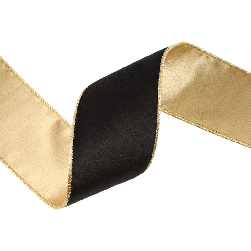 2 1/2"X10YD REVERSIBLE CLASSIC VELVET WIRED RIBBON - BLACK/GOLD - LA RIBBON - 7115W-030-63E