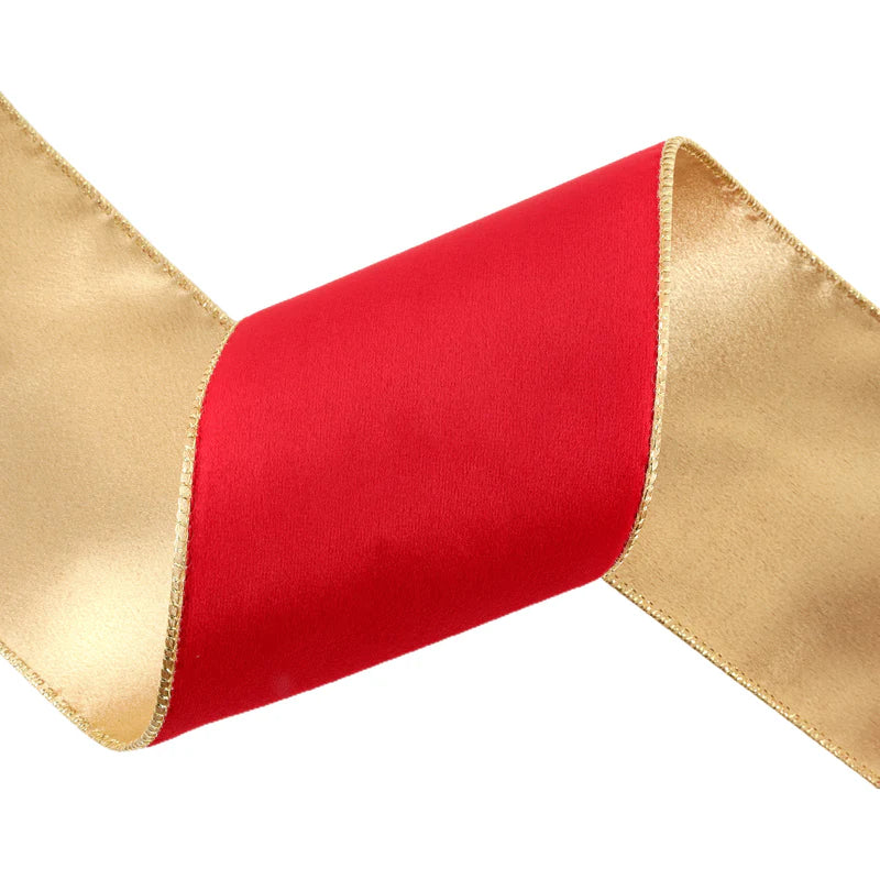 4"X10YD REVERSIBLE CLASSIC VELVET WIRED RIBBON - CHRISTMAS RED/GOLD - LA RIBBON - 7115W-250-100E