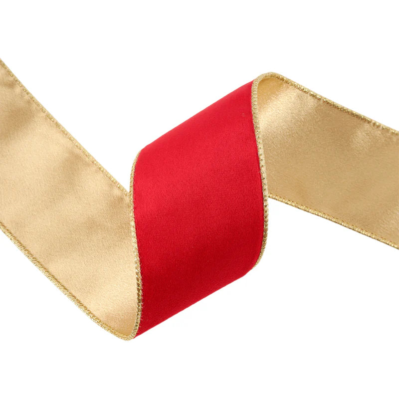 2 1/2"X10YD REVERSIBLE CLASSIC VELVET WIRED RIBBON - CHRISTMAS RED/GOLD - LARIBBON - 7115W-250-63E
