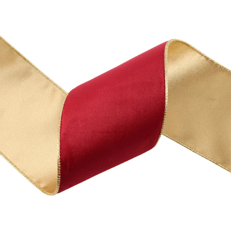 4"X10YD REVERSIBLE CLASSIC VELVET WIRED RIBBON - BURGUNDY/GOLD - LA RIBBON - 7115W-277-100E