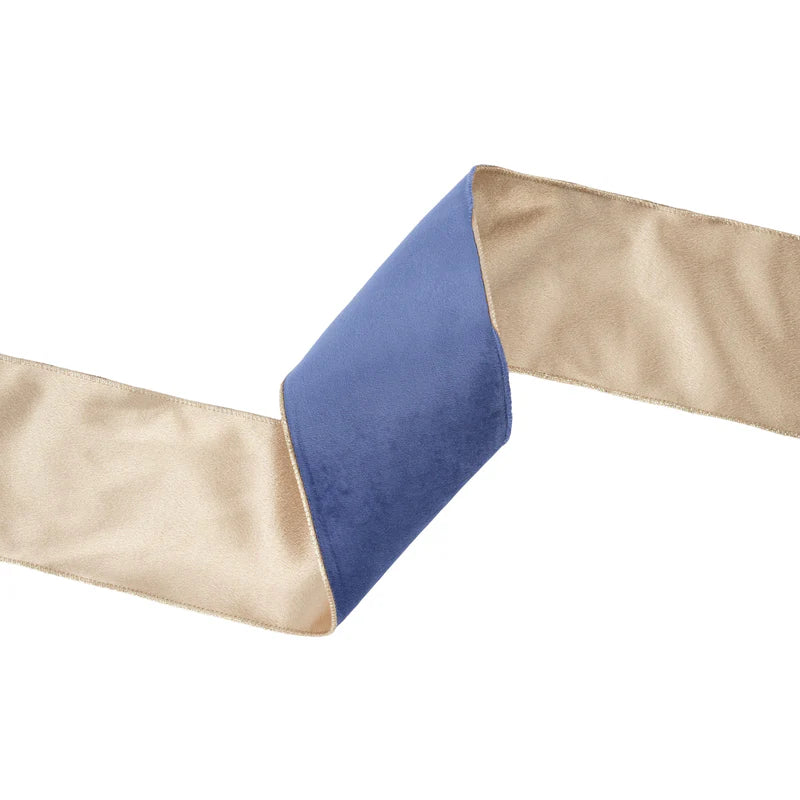 4"X10YD REVERSIBLE CLASSIC VELVET WIRED RIBBON - FRENCH BLUE/GOLD - 7115W-338-100E