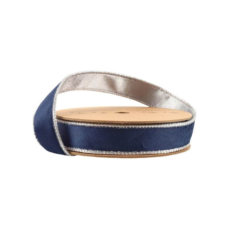 1"X10YD REVERSIBLE CLASSIC VELVET WIRED RIBBON - NAVY/SILVER - 7115W-370-25E