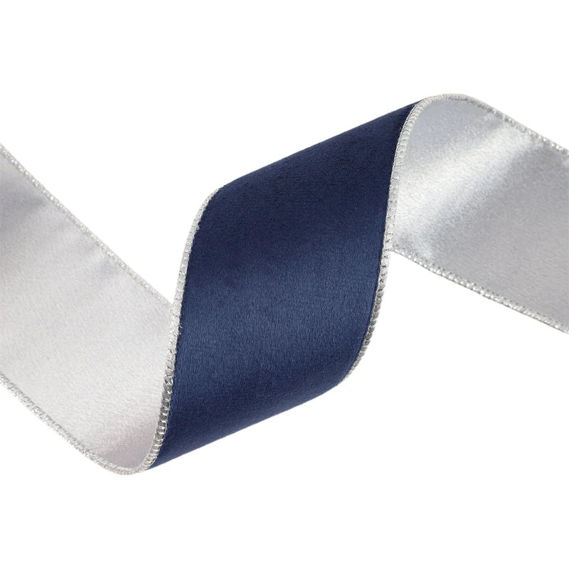 2.5"X10YD REVERSIBLE CLASSIC VELVET WIRED RIBBON - NAVY/SILVER - 7115W-370-63E