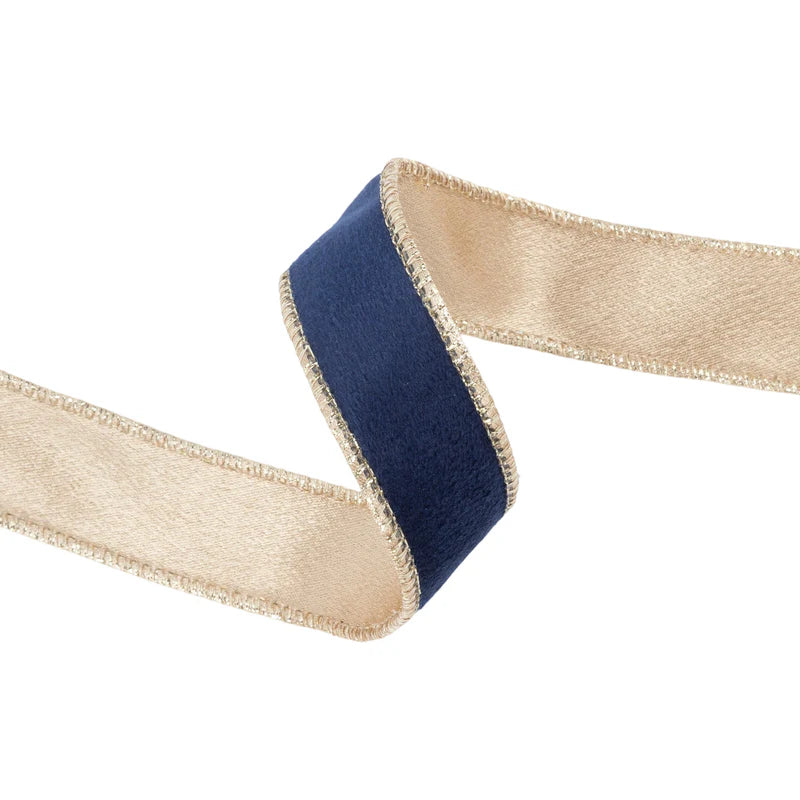 1"X10YD REVERSIBLE CLASSIC VELVET WIRED RIBBON - NAVY/GOLD - LARIBBON - 7115W-374-25E