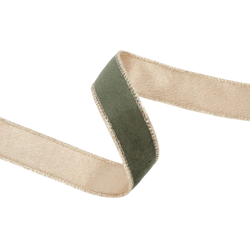 1"X10YD REVERSIBLE CLASSIC VELVET WIRED RIBBON - MOSS/GOLD - LA RIBBON - 7115W-570-25E