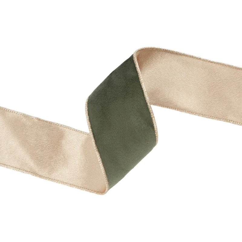 2 1/2"X10YD REVERSIBLE CLASSIC VELVET WIRED RIBBON - MOSS/GOLD - LA RIBBON - 7115W-570-63E
