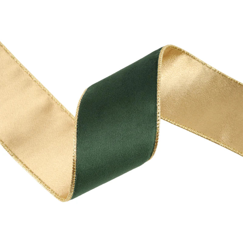 2 1/2"X10YD REVERSIBLE CLASSIC VELVET WIRED RIBBON - GREEN/GOLD - LARIBBON - 7115W-589-63E