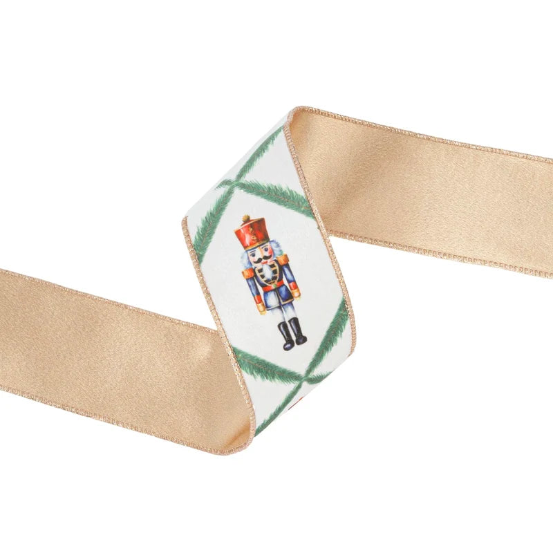 2.5"X10YD WIRED REVERSIBLE VELVET - NUTCRACKER W/ NORFOLK PINE ON WHITE - 7127W-036-63E