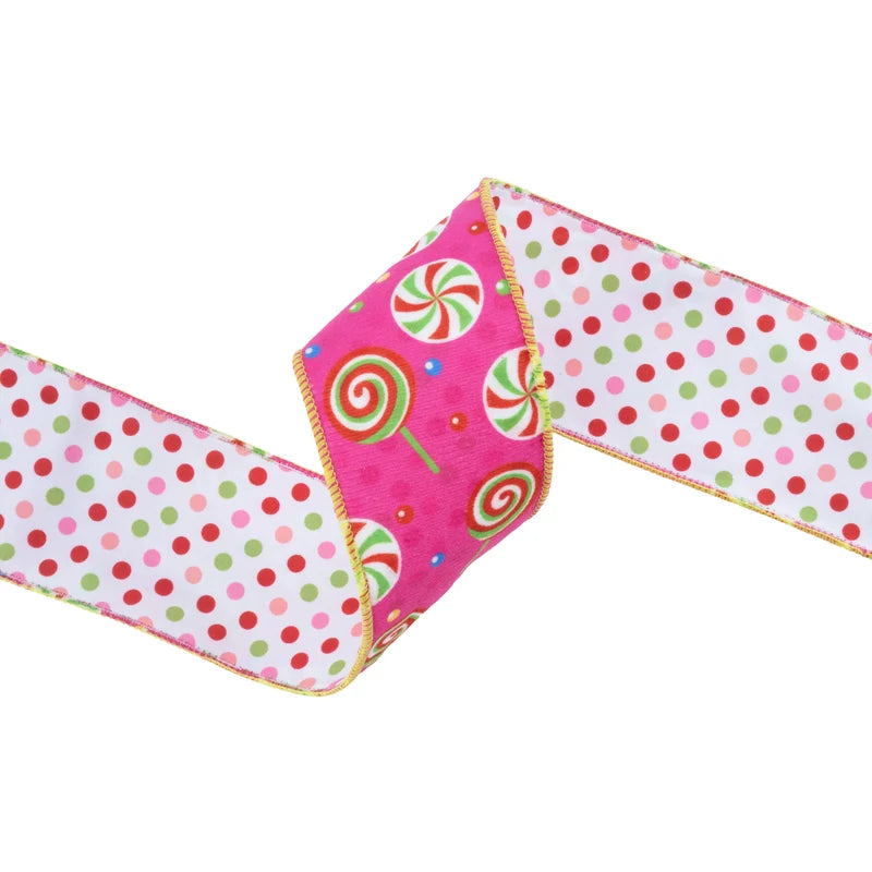2.5"X10YD WIRED REVERSIBLE VELVET - PINK CANDIES WITH POLKA DOT BACKING - 7131W-175-63E
