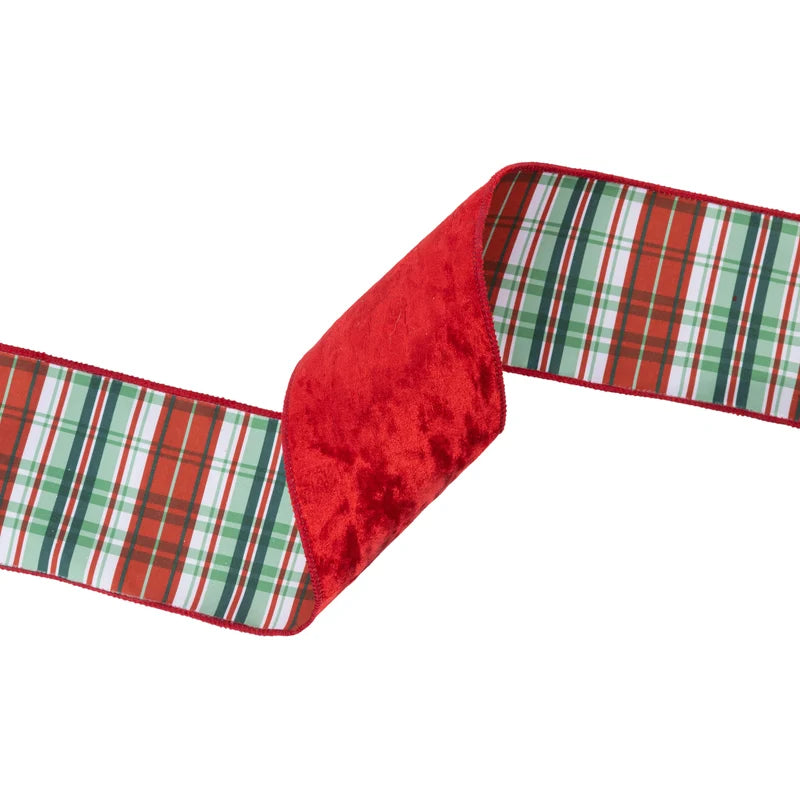 4"X10YD WIRED VELVET RIBBON - RED W/RED/GREEN/WHITE PLAID BACKING - 7203W-036-100E