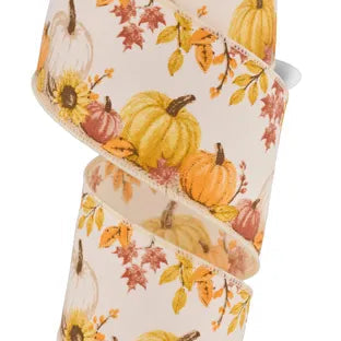 2.5"X10YD PUMPKINS/FOLIAGE DIAGONAL - IVORY/FALL MULTICOLOR - RGF129937