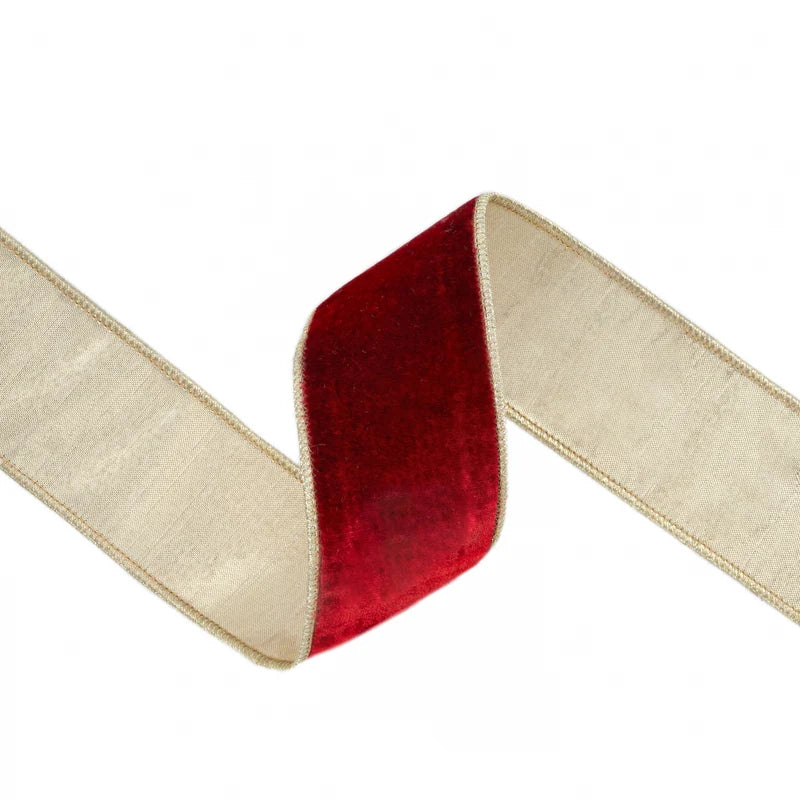 2.5"X10YD WIRED PREMIUM VELVET RIBBON - RED W/ GOLD METALLIC BACKING - 7416W-260-63E
