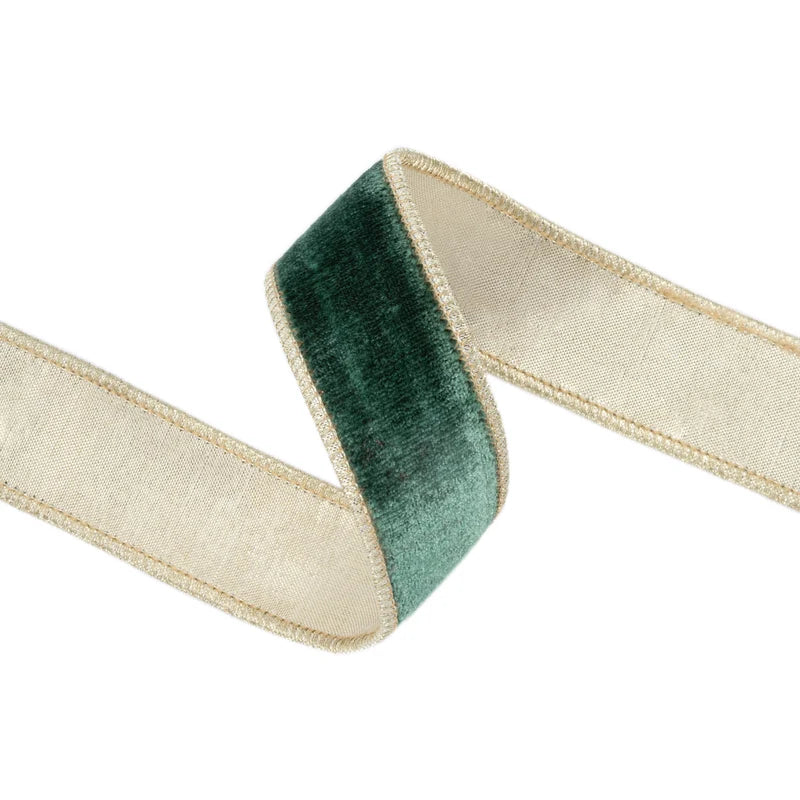 1.5"X10YD WIRED PREMIUM VELVET RIBBON - DARK GREEN W/ GOLD METALLIC BACKING - 7416W-587-25E