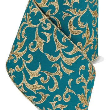 4"X10YD ACANTHUS LEAF - DARK TEAL/GOLD - RGE184434