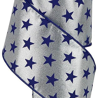 4"X10YD STARS ON METALLIC - SILVER/NAVY BLUE - RGA1123T1