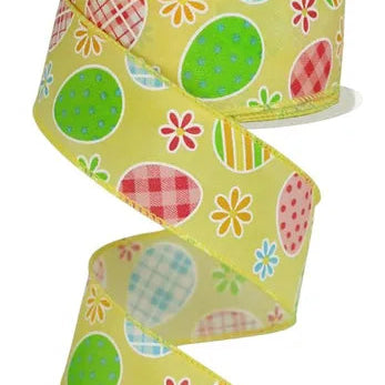 1.5"X10YD CHECK PLAID EGG/DAISY ON PG - YELLOW/BLUE/LIME/PINK/GOLD - RGE140529