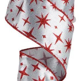 2.5"X10YD RETRO STARS/WOVEN METALLIC - SILVER/RED - RGB113226