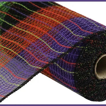 10.25"X10YD PP/FAUX JUTE WIDE CHECK MESH - ORANGE/BLACK/PURPLE/GREEN - RY8318D2