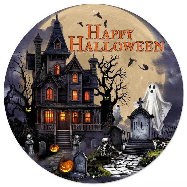 12"DIA METAL HALLOWEEN/HOUSE SIGN - BLACK/WHITE/ORANGE/BEIGE - MD1799