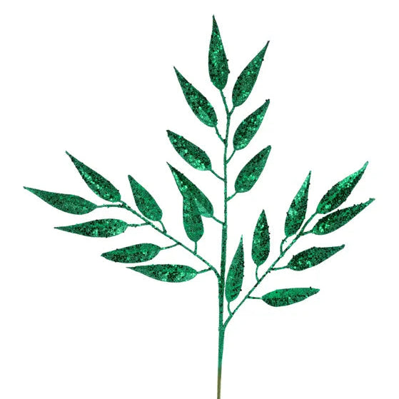 28"L GLITTER/HEX GLITTER LEAF SPRAY - EMERALD GREEN - XS241206
